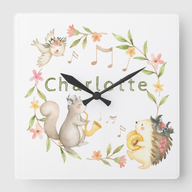 Horloge Carrée Bébé de musique joyeuse Bois animal (Recto)