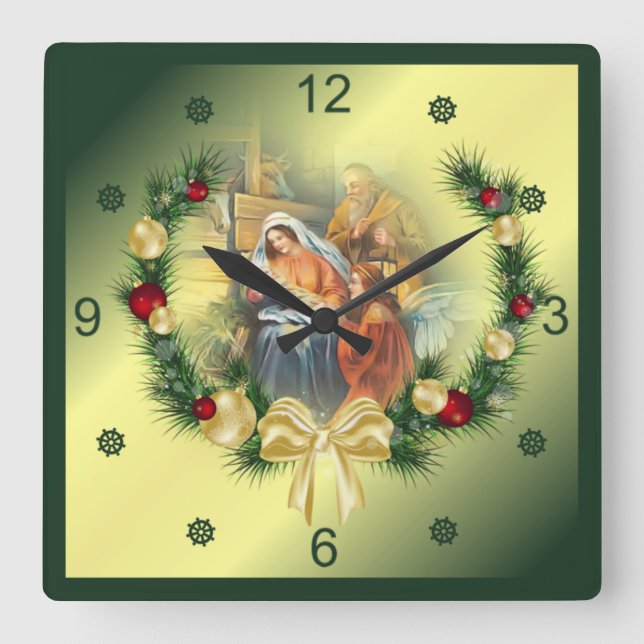 Horloge Carrée  Bébé Jésus, Marie & Joseph ~ La Sainte Famille ~  (Recto)
