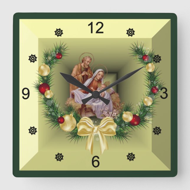 Horloge Carrée Bébé Jésus, Marie & Joseph ~ La Sainte Famille ~  (Recto)