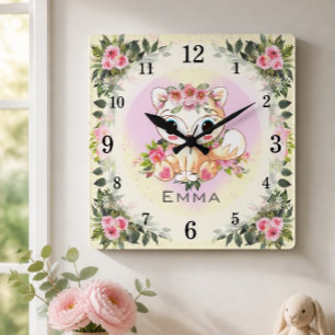 Horloge Carrée Bébé Renard Décoration de Nursery Personnalisé