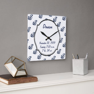 Horloge Carrée Bébé Statistiques Nautique Marine Ancre Motif