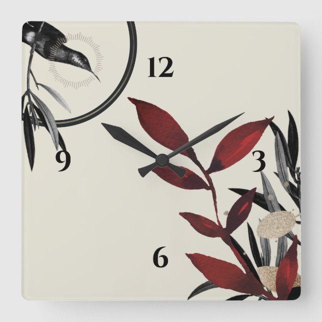Horloge Carrée Beige moderne & Bourgogne Rouge Aquarelle Botaniqu (Recto)