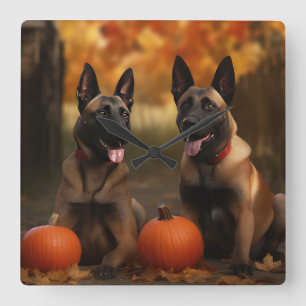 Horloge Carrée Belge Malinoi Puppy Automne Citrouille de plaisir
