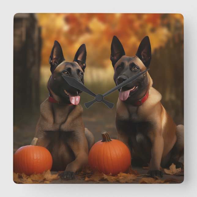 Horloge Carrée Belge Malinoi Puppy Automne Citrouille de plaisir (Recto)