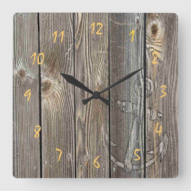 Horloge Carrée Belle ancre rustique sur bois d'aspect authentique (Recto)
