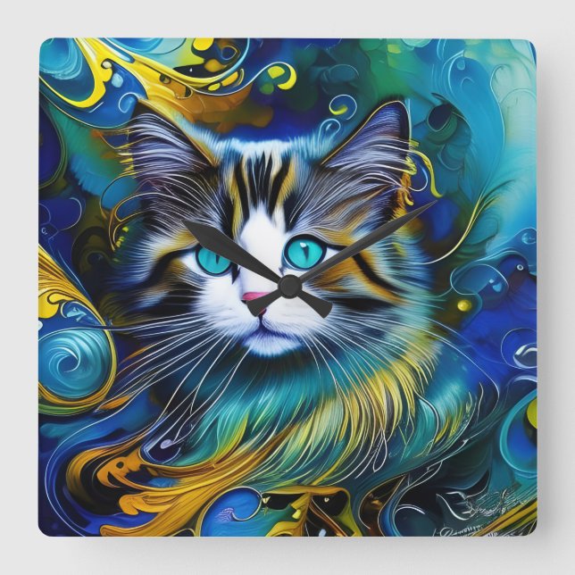 Horloge Carrée Belle Chat Mystique en Blues et Golds (Recto)