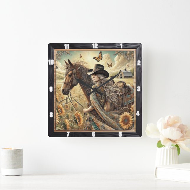 Horloge Carrée Belle cow-girl et cheval Sunlit Campagne (Maison)