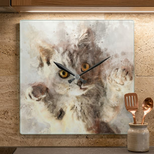 Horloge Carrée Belle et mignonne chatte joueuse aquarelle