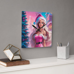 Horloge Carrée Belle fille de Noël rose 01