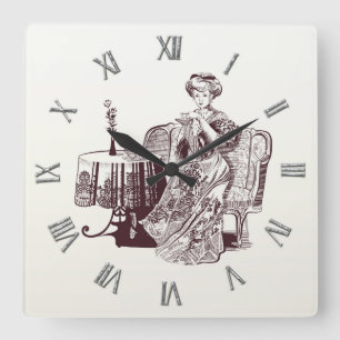 Horloge Carrée Belle Lady boissons thé