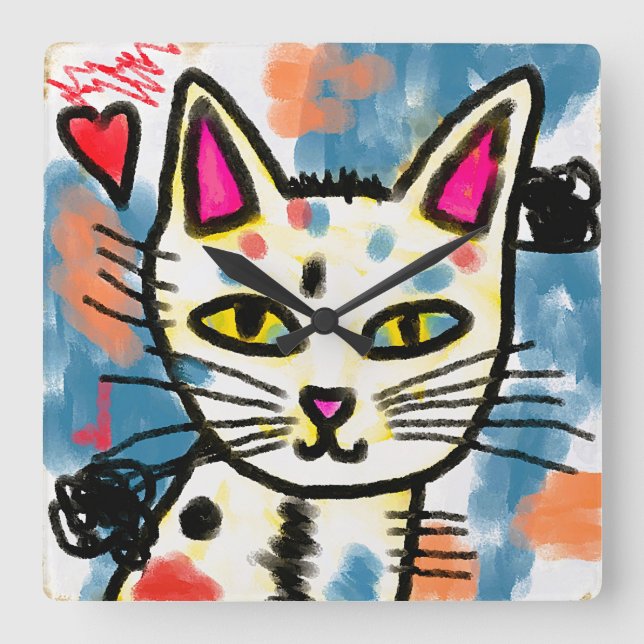 Horloge Carrée Belle peinture de chats d'art Abstrait (Recto)