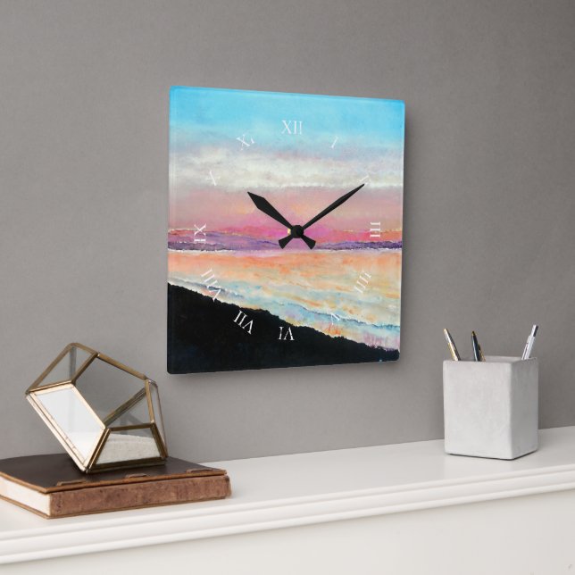 Horloge Carrée Belle peinture de coucher de soleil Pastels (Bureau)
