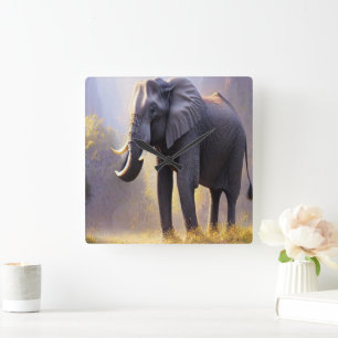 Horloge Carrée Belle peinture d'un éléphant dans sa nature