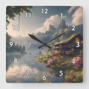 Horloge Carrée Belle peinture numérique de cottage au bord de l'e