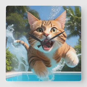 Horloge Carrée Belle Plongée de chat dans la piscine Amusante