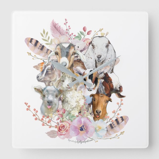 Horloge Carrée Belles chèvre | Aquarelle Chèvres GetYerGoat™ (Recto)