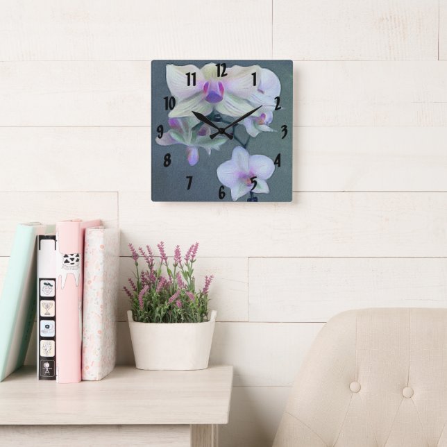 Horloge Carrée Belles fleurs d'orchidées violettes blanches tropi (Salle de lecture)