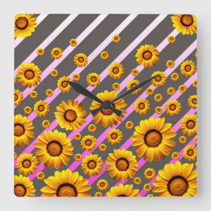 Horloge Carrée Belles fleurs jaunes sur gris, rayures roses