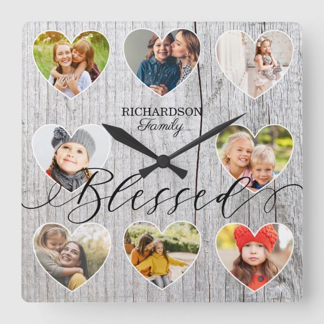 Horloge Carrée Béni 8 Photo Collage Coeur Cadre Gris Bois (Recto)