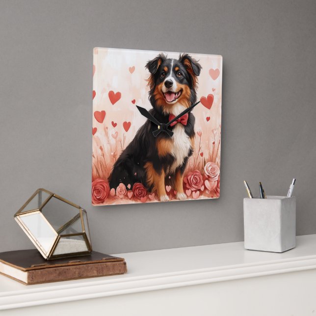 Horloge Carrée Berger australien avec Rose - Saint Valentin (Bureau)