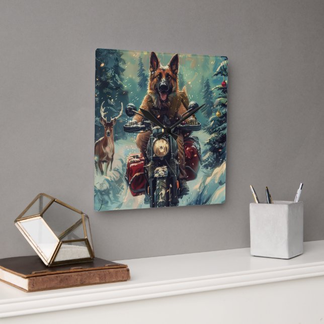 Horloge Carrée Berger belge Chien à cheval Moto Noël (Bureau)
