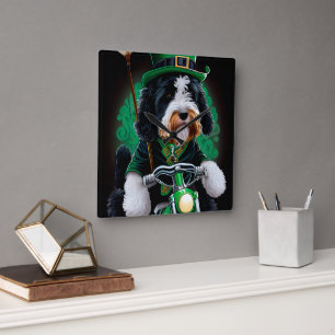 Horloge Carrée Bernedoodle Chien conduisant vélo St. Patrick's Da