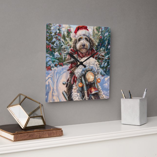 Horloge Carrée Bernedoodle Chien équitation Moto Noël (Bureau)