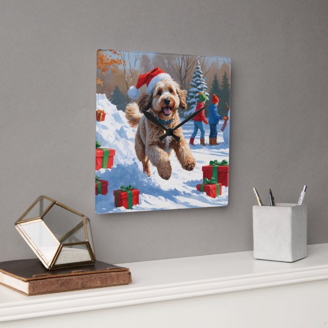 Horloge Carrée Bernedoodle Noël Festival scène de neige (Bureau)