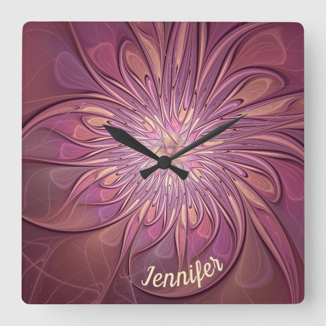 Horloge Carrée Berry Abstrait floral fractal Nom (Recto)