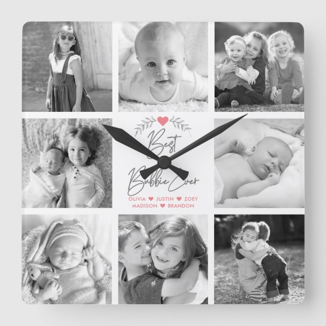 Horloge Carrée Best Bubbie Ever Modern Script 8 Photo Collage (Recto)