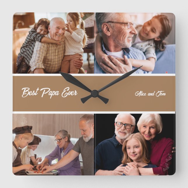 Horloge Carrée Best Papa Ever Grand-Père 4 Photo Collage (Recto)