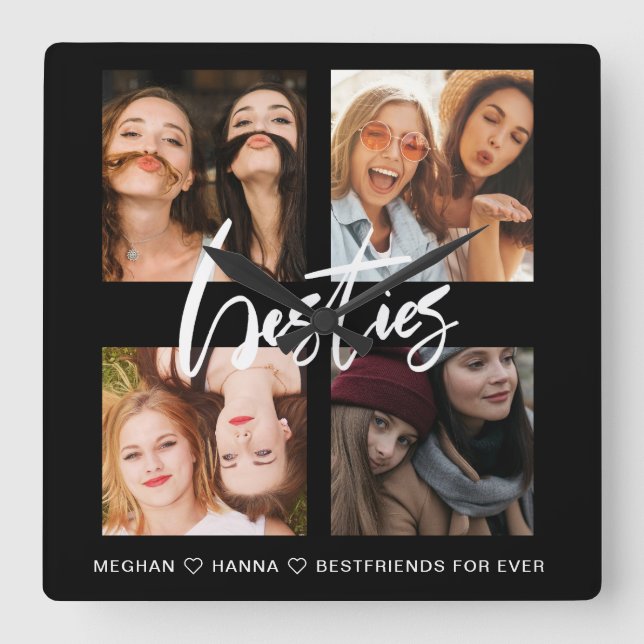 Horloge Carrée Besties moderne noir photo collage meilleurs amis (Recto)