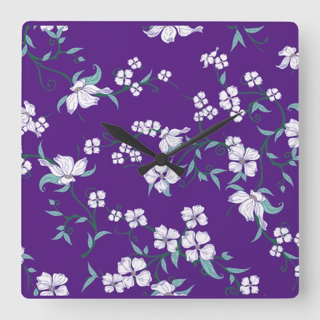 Horloge Carrée Bestseller floral violet bleu design pour mariage (Recto)