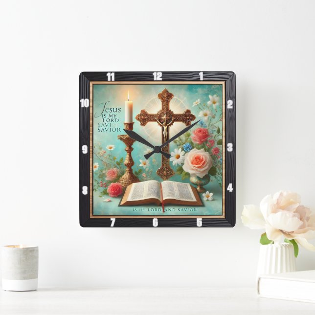 Horloge Carrée Bible florale crucifix aux chandelles (Maison)