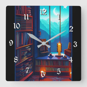 Horloge Carrée Bibliothèque Night Sky