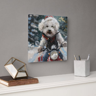 Horloge Carrée Bichon Frise à moto Noël