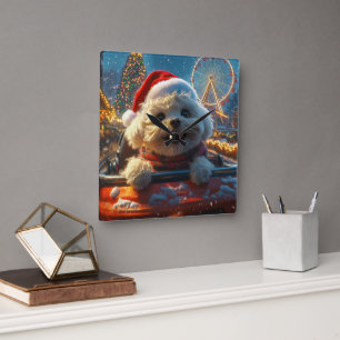Horloge Carrée Bichon Frise Dog Roller Dessous de verre Noël