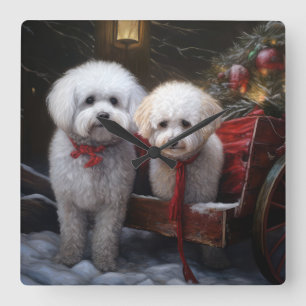 Horloge Carrée Bichon frisé enneigé traîneau Noël décoration