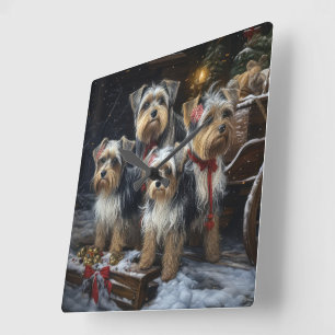 Horloge Carrée Biewer Terrier enneigé traîneau décoration de Noël