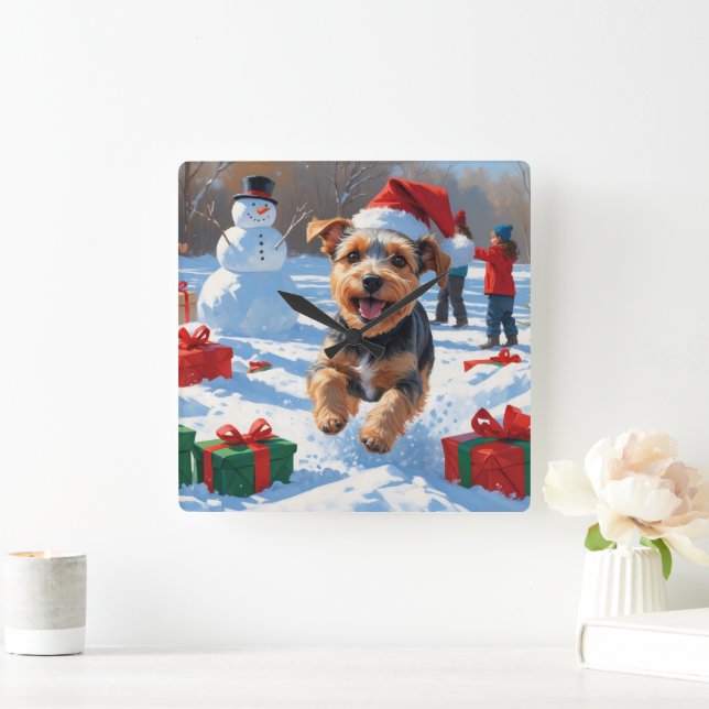 Horloge Carrée Biewer Terrier Noël Festive Scène de neige (Maison)