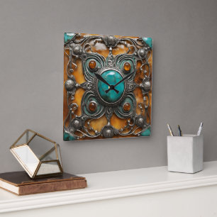 Horloge Carrée Bijou de feu ornemental avec vert-de-gris et dente