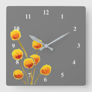 Horloge Carrée Billy Button jaune fleur native australienne