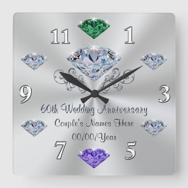 Horloge Carrée Birthstone 60e anniversaire Mariage idées cadeaux (Recto)