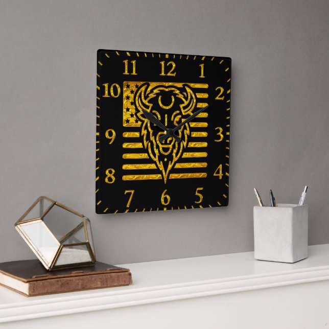 Horloge Carrée Bison avec Arrière - plan américain (Bureau)