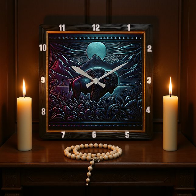 Horloge Carrée Bison Buffalo Midnight Bison (Créateur téléchargé)