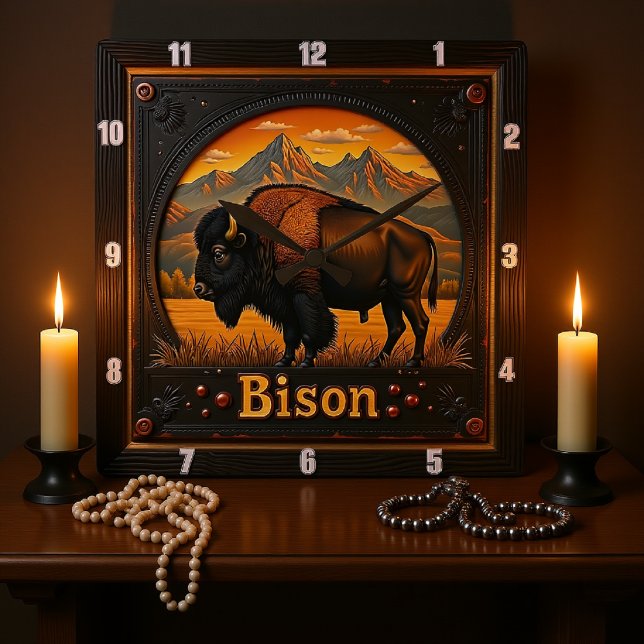 Horloge Carrée Bison Buffalo Mountain Bison Sunset (Créateur téléchargé)