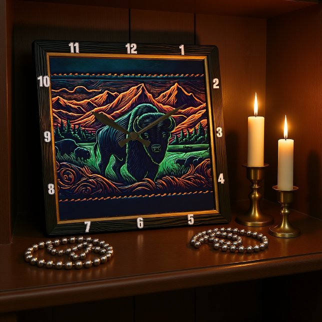 Horloge Carrée Bison Buffalo Neon Bison (Créateur téléchargé)