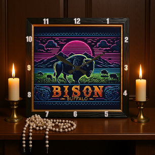 Horloge Carrée Bison Buffalo Neon Bison Sunset