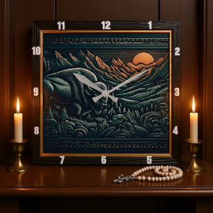 Horloge Carrée Bison Buffalo Tooled Bison Sunset