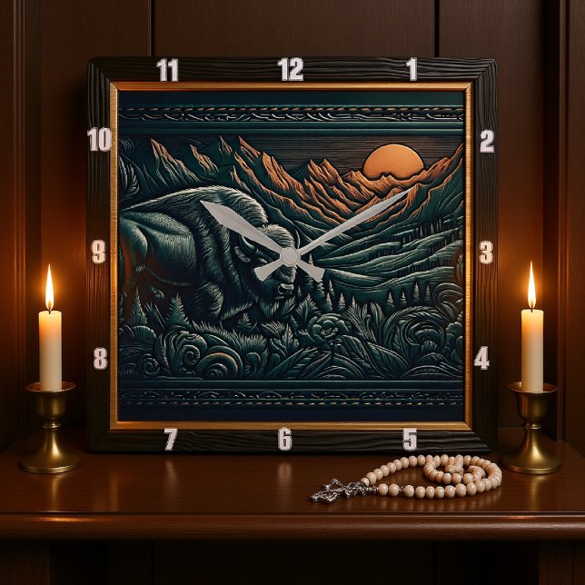 Horloge Carrée Bison Buffalo Tooled Bison Sunset (Créateur téléchargé)